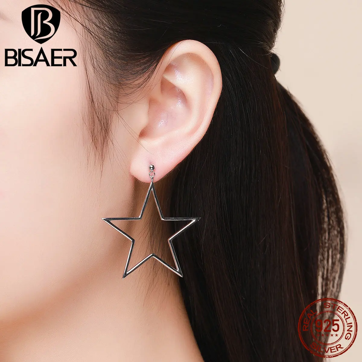 BISAER 925 пробы, серебряные Простые геометрические серьги-гвоздики с большой звездой для женщин, модные серебряные серьги в форме звезды, ювелирное изделие ECE463