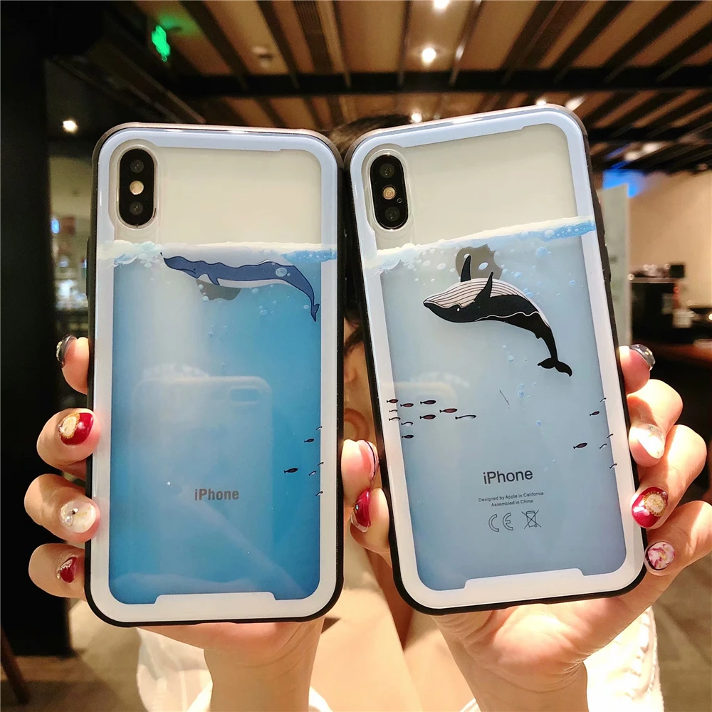 Cases for Iphone 7 Lovely Sea Whale Dolphin Phone Case 7Plus Soft TPU Edges Transparent Tempered Glass Cover Capa |
