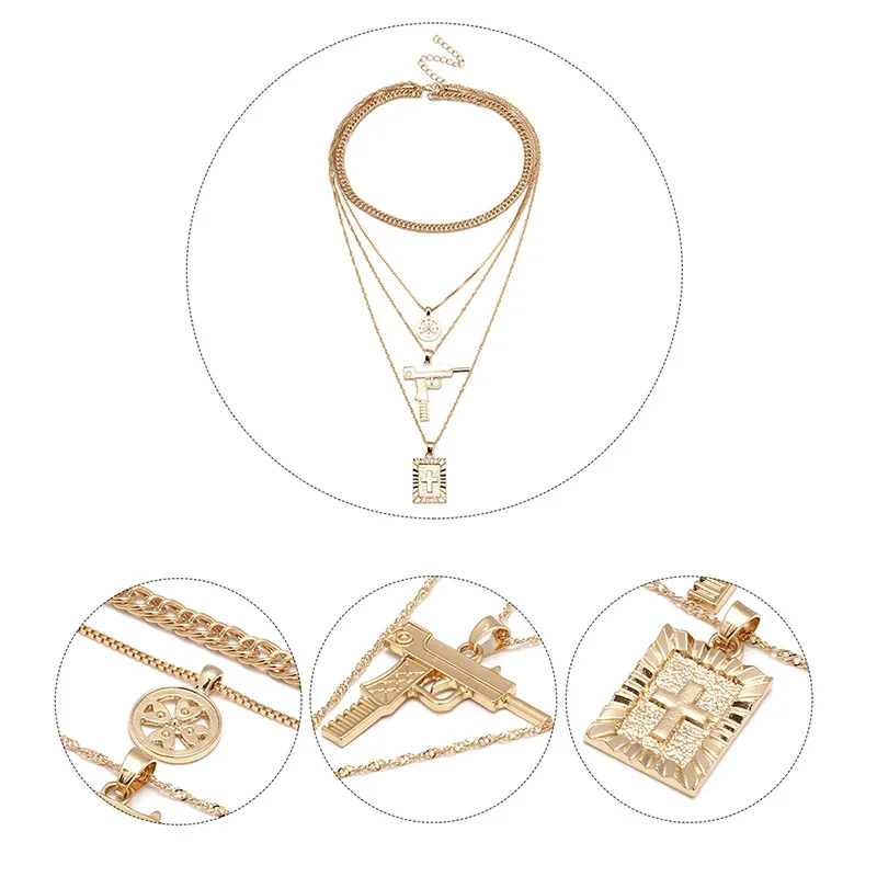 Массивное женское ожерелье с подвеской в виде оружия УЗИ многослойное стиле