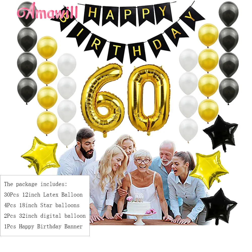 Amawill 60th Набор для дня рождения для мужчин/женщин с днем рождения баннер шары 32 дюймов фольга номер 60 лет вечерние украшения 7D