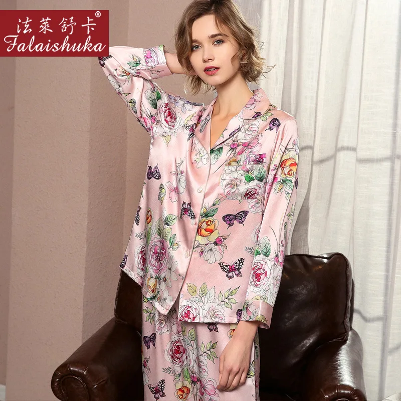 19 momme Fresh butterfly 100% genuine silk pajamas sets women pyjamas long sleeve female Sexy Floral mulberry silk sleepwear