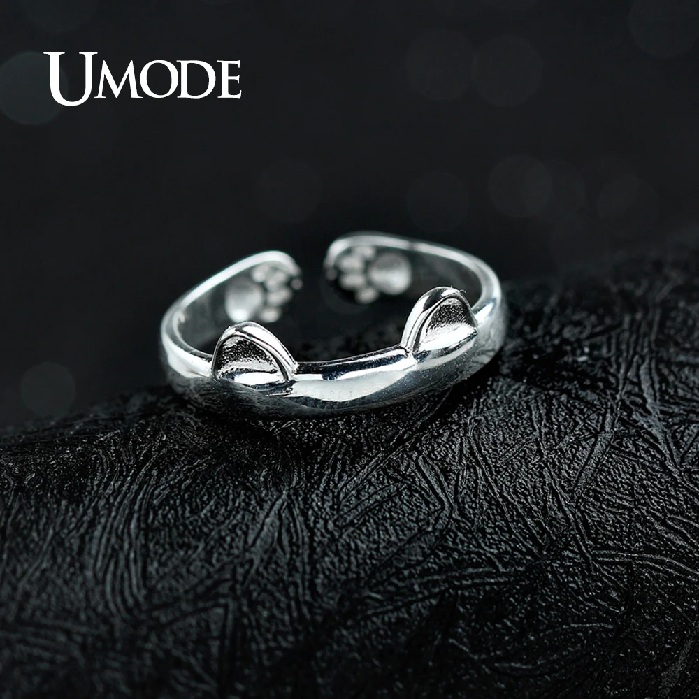 UMODE, новинка, подлинные, 925 пробы, серебряные, кошачьи серьги, кольца для женщин, серебряные ювелирные изделия, Открытое кольцо с котом, бижутерия для женщин, подарок, ULR0163