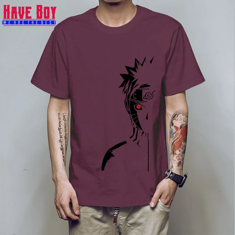 maroon black HAVE BOY Мужская модная футболка брендовые летние футболки Наруто Shippuden Red Sun аниме полосатая мужская футболка хлопок топ тройники HB196 - Цвет: maroon black