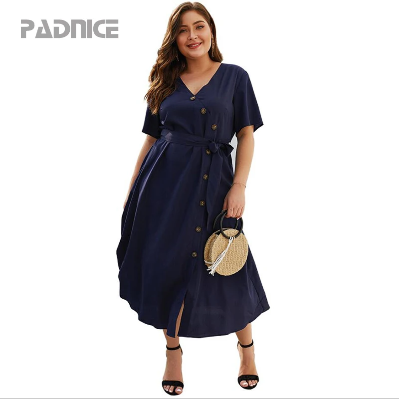 

Summer Fat MM Women Dress Fashion V-neck Long Dress Casual Half Sleeve Female Plus Size Commute Solid Party Office Lady Dress