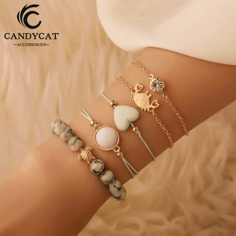 

Bohemian Heart Crystal Bead Bracelets Set For Women Gold Color Crab Turtle Charm Bracelets Friendship Bracelets Party Jewelry