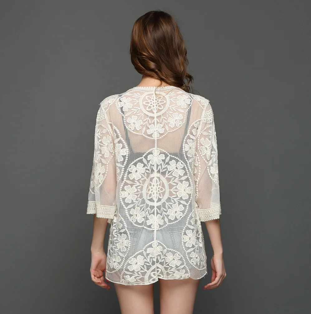 Женские блузки с кружевными цветами повседневные длинным рукавом кимоно
