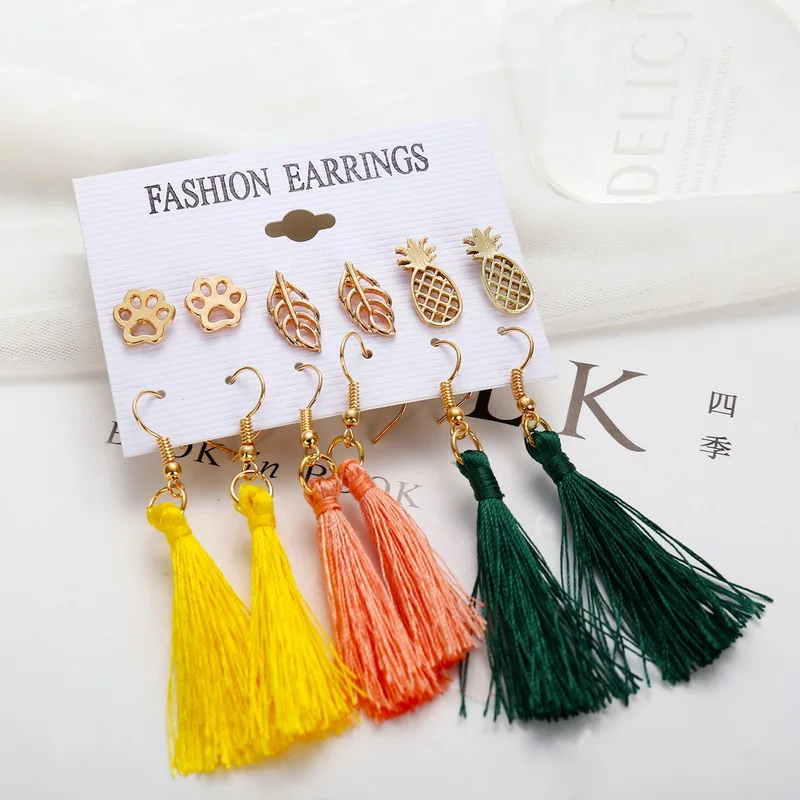 Belleper New Design Tassel Earring Sets Women Geometric Bohemian Gold Flower Long Tassel Earring Set Fashion Wedding Jewelry