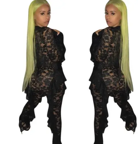 Сексуальный прозрачный черный кружевной комбинезон с длинным рукавом женский