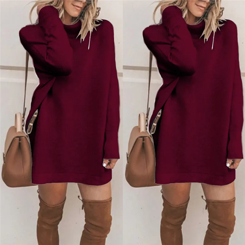 Женская мода Водолазка с длинным рукавом платье дамы свободный низ вязаный мини