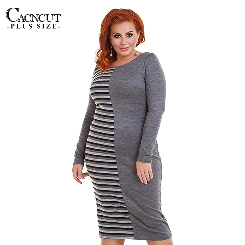 

CACNCUT 2019 Spring Casual Dress Women High Street Bodycon Dress Vestidos Stripe Patchwork Long Sleeve Plus Size Dresses 5XL