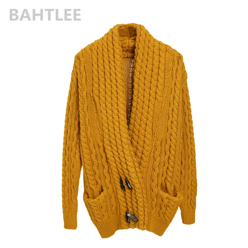 turmeric yellow BAHTLEE осень зима женский шерстяной не скатывающийся Кардиган вязаный свитер с v-образным вырезом свободный стиль три цвета толстый сохраняет тепло - Цвет: turmeric yellow