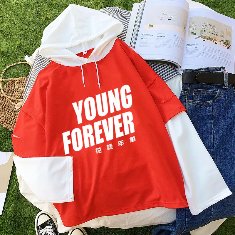 red Женские модные толстовки с длинным рукавом и буквенным принтом YOUNG FOREVER, повседневные толстовки с капюшоном Bangtan для мальчиков Kpop, пуловеры, топы - Цвет: red
