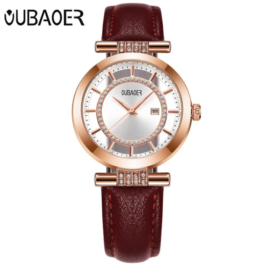 Женские часы-браслет OUBAOER роскошный бренд Montre Femme кожаный ремешок кварцевые часы модные женские часы Relogio Feminino - Цвет: Rose red