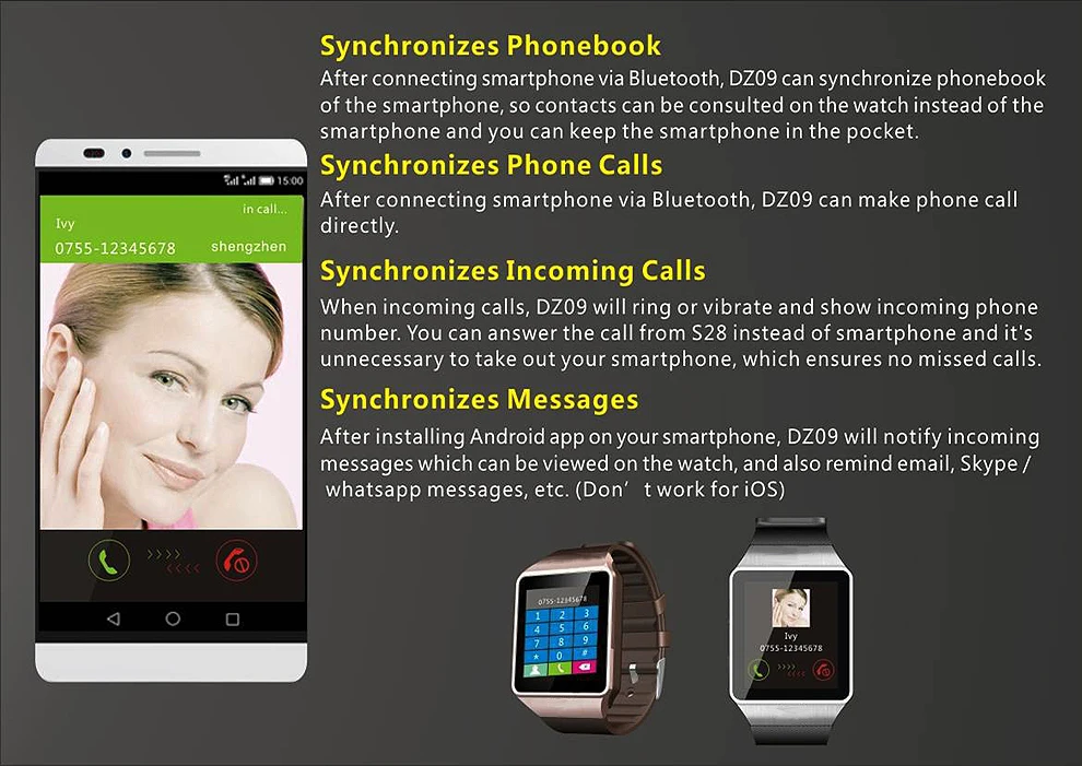 DZ10 обновленный DZ09 синхронизация уведомления Часы камера bluetooth Поддержка sim-карты для Apple iPhone Android PK GV18 GT08 V8 A1