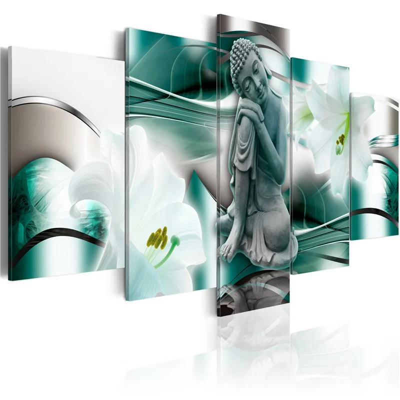 

Flowers Buddha Statue Wall Art Posters HD Prints Canvas Painting 5 Pieces Modular Pictures for Living Room or Bedroom Home Decor