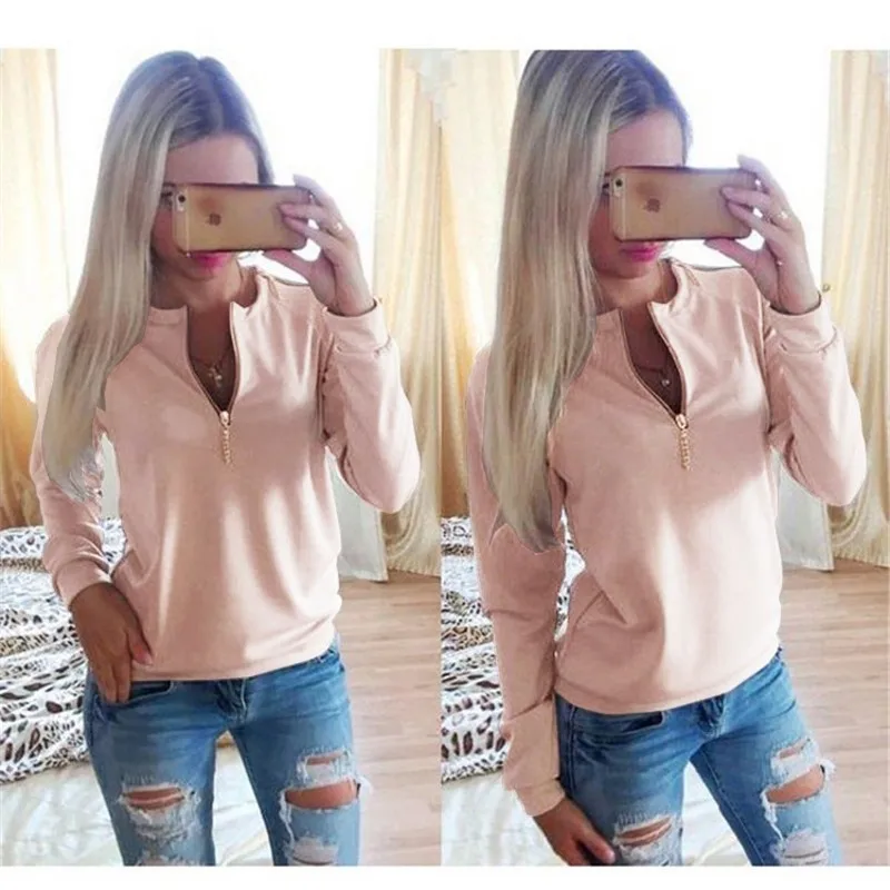 Мода цепи и молнии Стиль Топ Женщины Повседневная С Длинным Рукавом Твердые