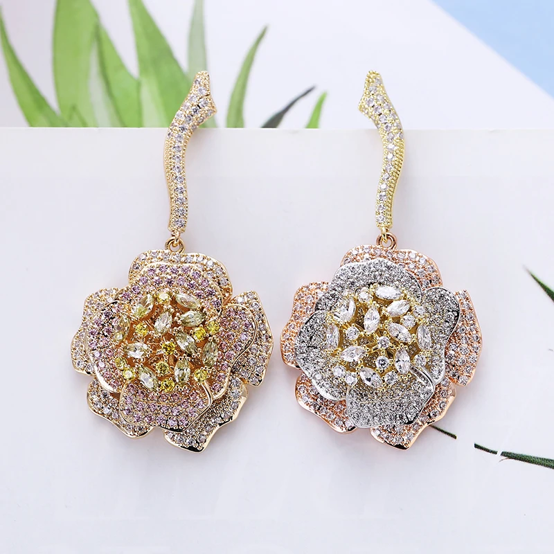 Женские серьги с объемным цветком роскошные серьги-подвески кубическим