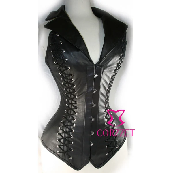 Body Building Black Faux Leather Front Bust Spiral Steel Bone Gothic Sexy Halter Collar Corsets And Bustiers Crop Top For Women