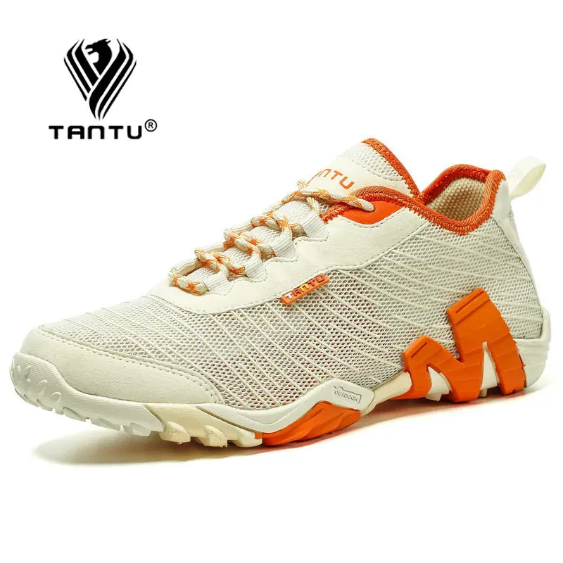 TANTU Mesh+Suede New Arrival Climbing Hunting Shoes Camping Breathable Hiking Men Shoes Non-Slip Outdoor Plus Size 39~46 - Цвет: Beige Orange