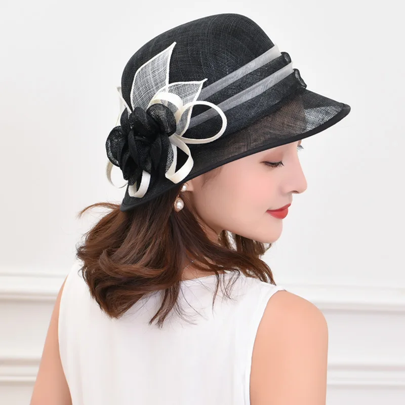 

British Elegant Fedoras Hat Women Summer Retro Flower Linens Fedora Cap Ladies Fashion Sunscreen Banquet Party Show Hats H6823