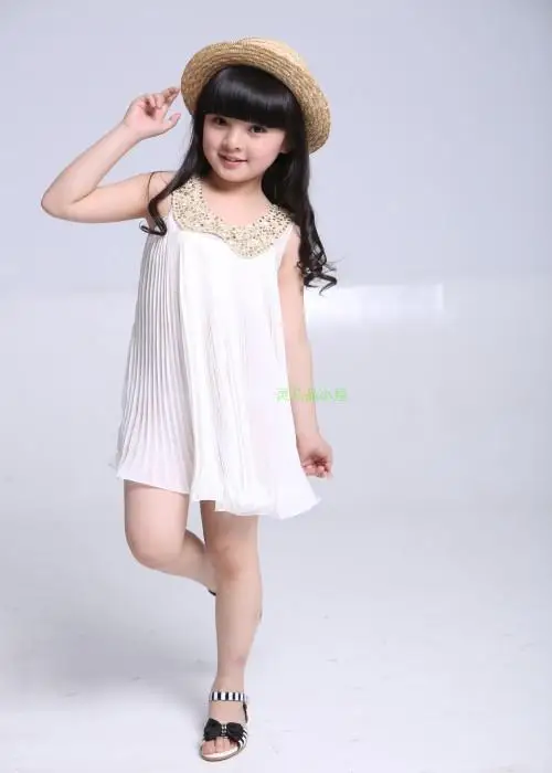 Hot sale! 2019 Summer Girls Pleated Chiffon One-Piece Dress With Paillette Collar Children Colthes For Kids Baby Pink/Green | Детская