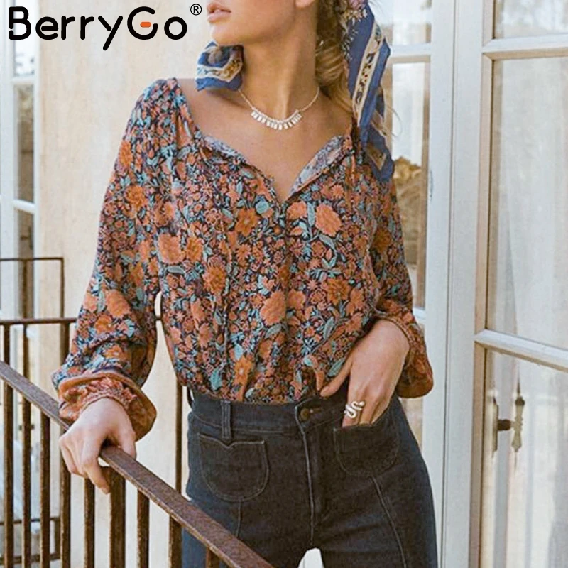 BerryGo богемный цветочный принт Женская блузка фонарь рукав v-образный Вырез