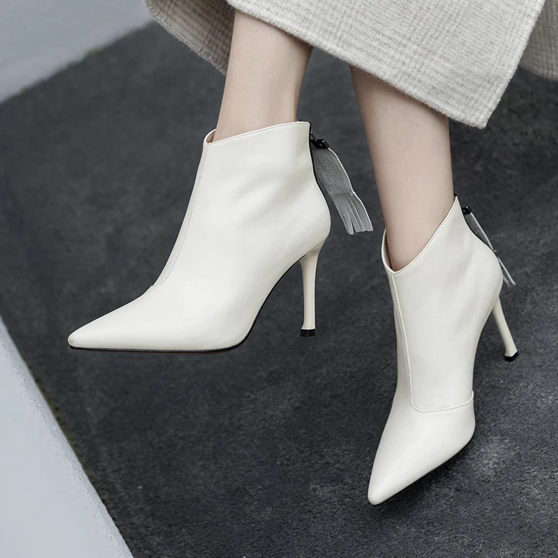 Women Genuine Leather Ankle Boots zipper fringe Sexy Pointed Toe Party Wedding Shoes Woman Ladies Basic Boots Pumps