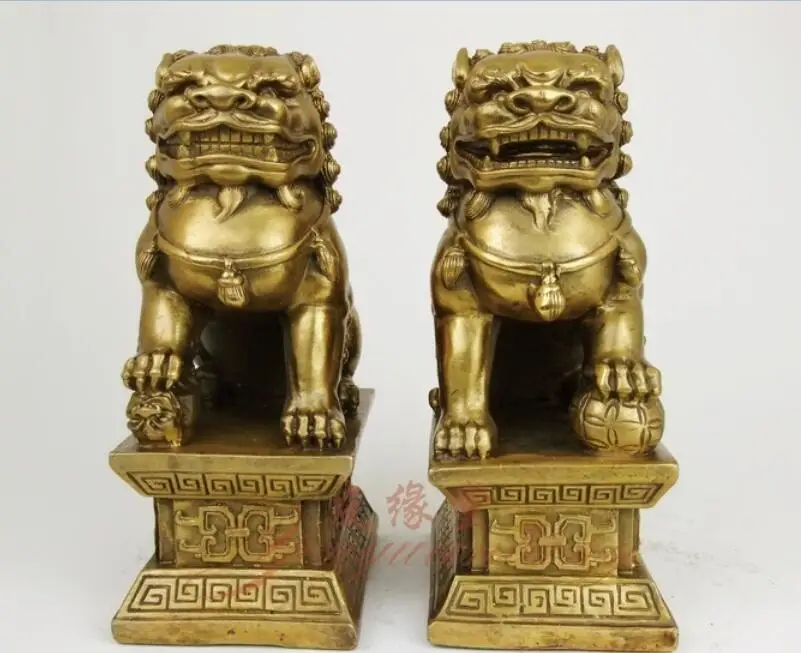 Китайский фэн-шуй Pure Brass Bei Jing Fu Foo Fog Лев дворец дверь Статуя Пара | Дом и сад
