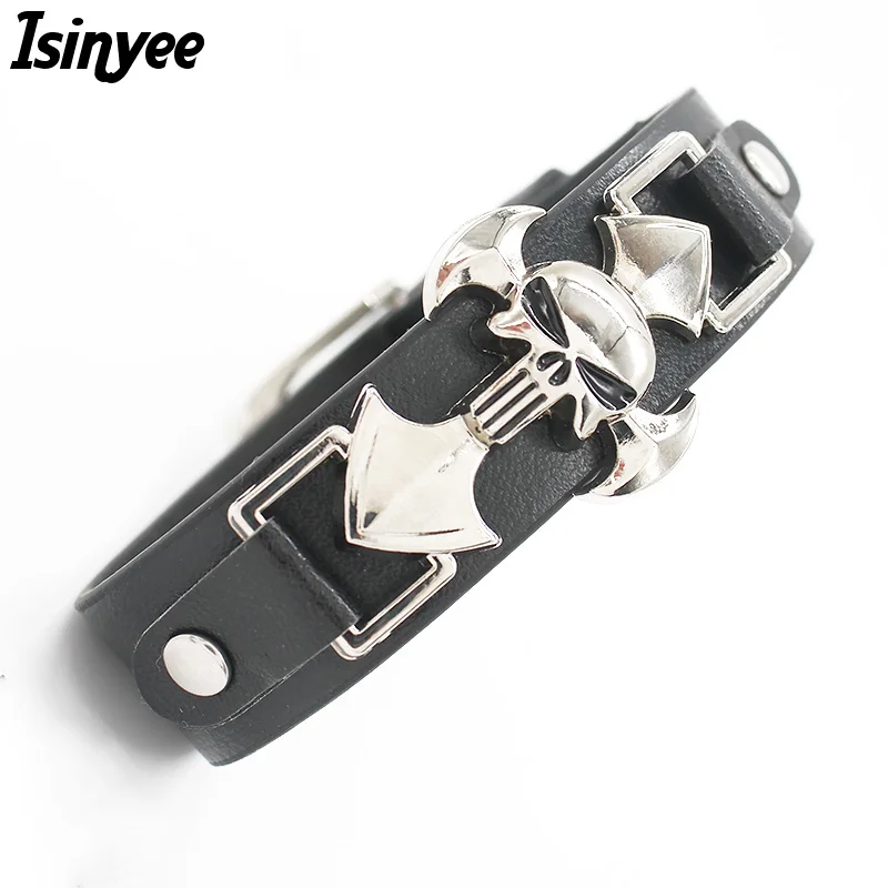 ISINYEE 2017 с рисунком череп браслет широкие кожаные браслеты крестом Регулируемый