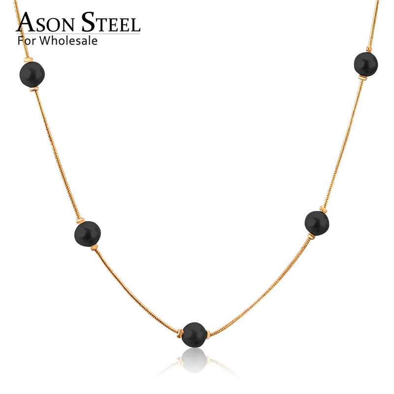ASONSTEEL Gold/Silver White Black Round Imitation Pearl Pendant Necklace Stainless Steel Snake Chain Jewelry Collars Gift Party