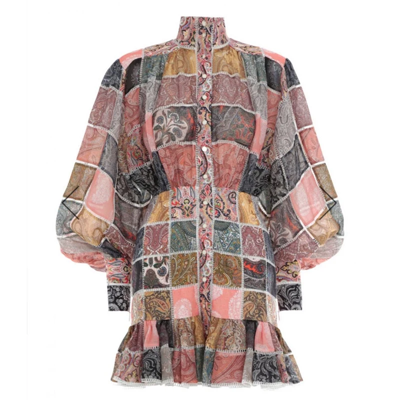 2019 весеннее и летнее модное квадратное клетчатое платье-фонарик с длинными