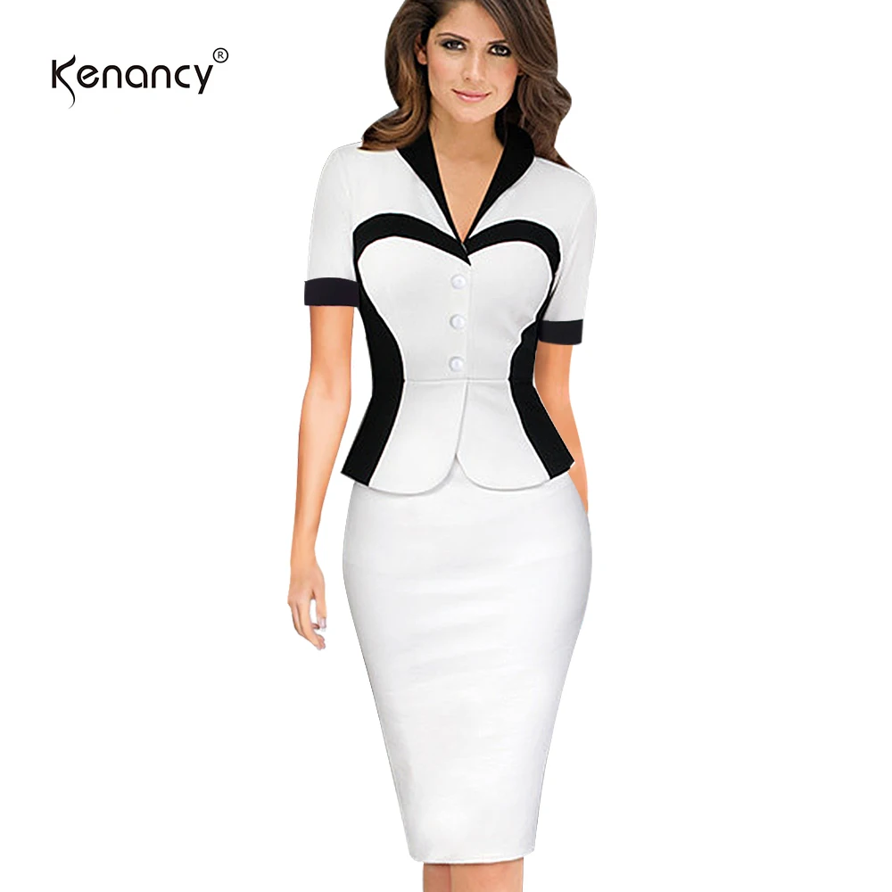 white Kenancy 3XL размера плюс искусственный Твинсет Платье женское с цветными блоками короткий рукав облегающее до колена карандаш офисное платье Vestidos тонкий - Цвет: white