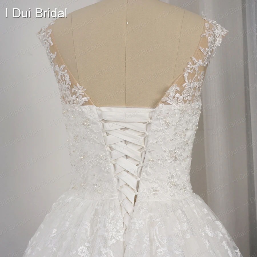 Свадебное платье без рукавов Кружевное Слои перламутровыми бусинами поясом пояс