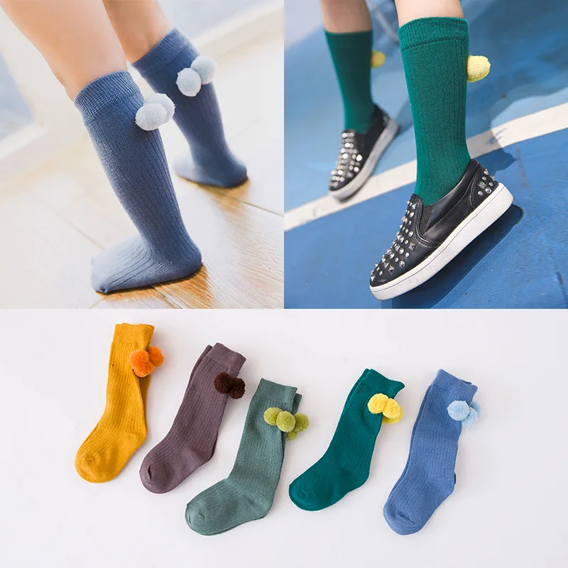 Новые носки на весну-осень детские популярные милые теплые до колена с помпонами