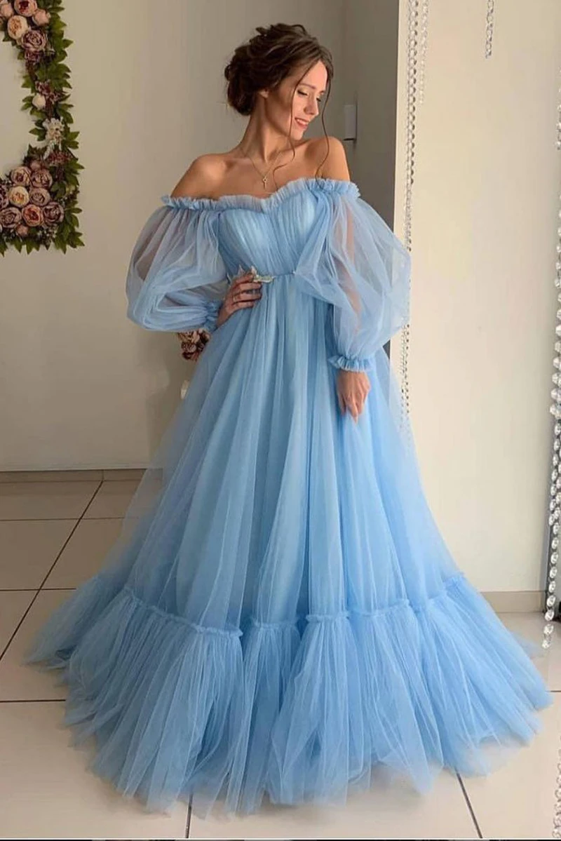 Pretty 2019 Blush A-line Long Pink Tulle Prom Dresses Full Sleeves Off The Shoulder Ruffles Gowns Party Dress | Свадьбы и торжества