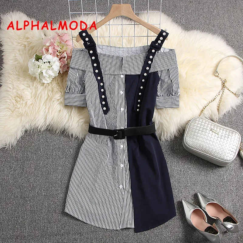 Женское однобортное платье рубашка ALPHALMODA на бретельках с бусинами открытыми