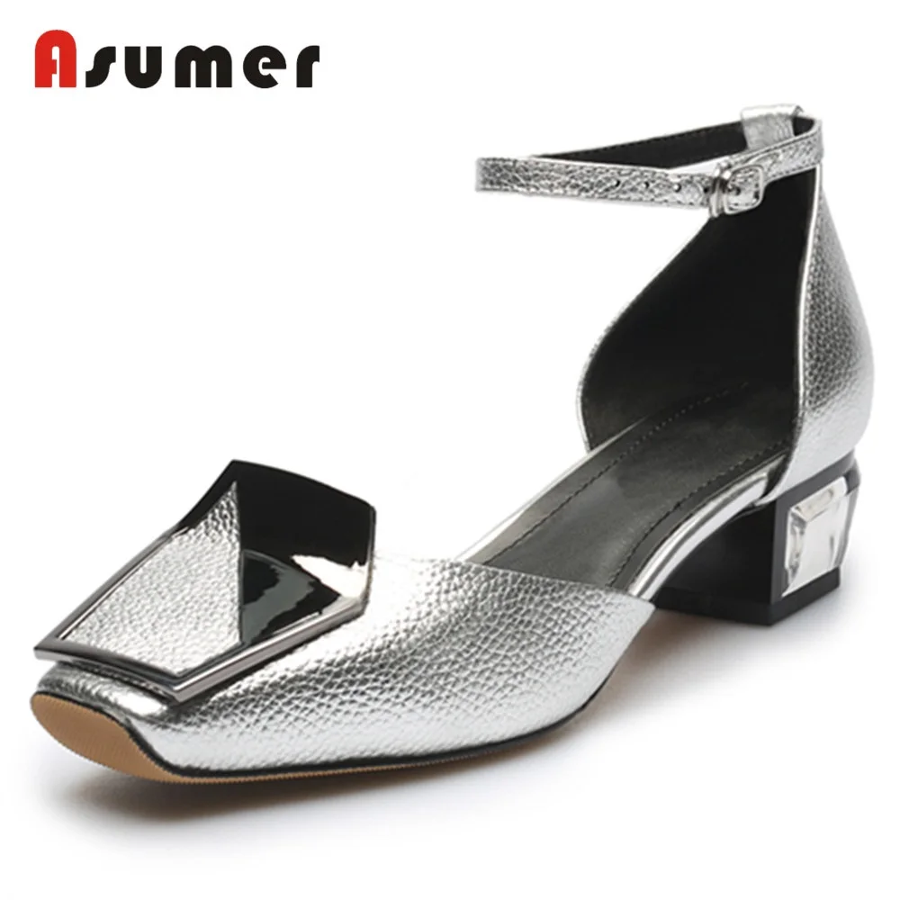 ASUMER/Новинка года; туфли-лодочки из натуральной коровьей кожи; женские летние туфли на квадратном среднем каблуке с квадратным носком и ремешком на щиколотке; модельные свадебные туфли