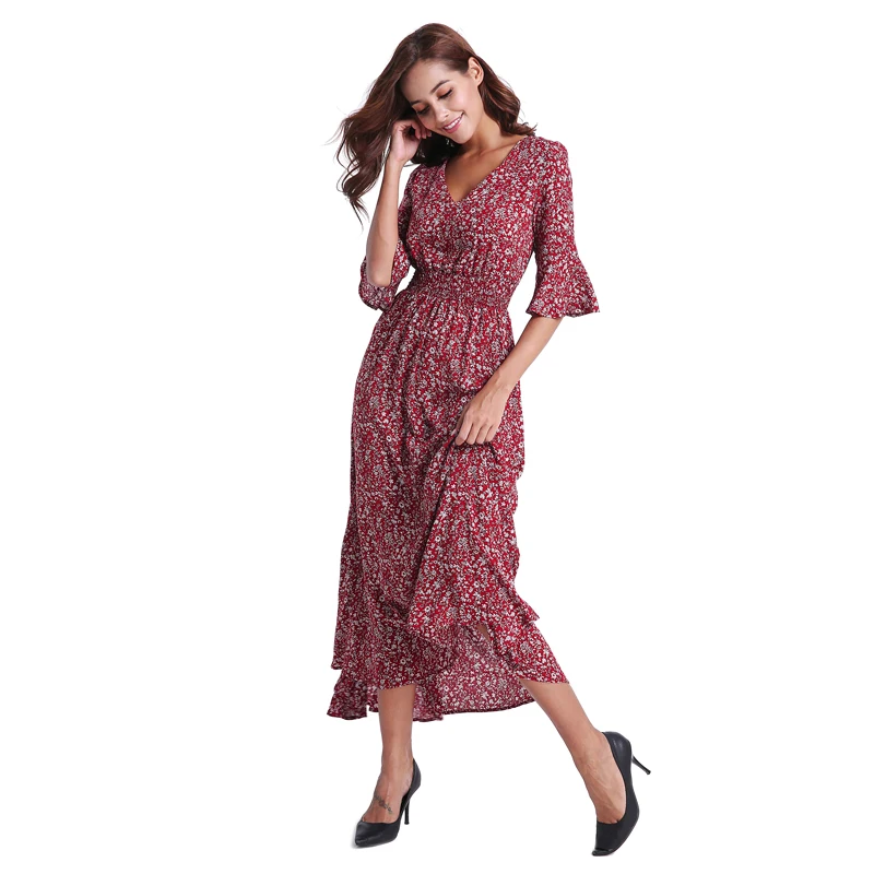 Bohemian Wine Red Floral Print Maxi Dresses V-neck Three Quarter Sleeve Long For Women Beach Clothes | Женская одежда