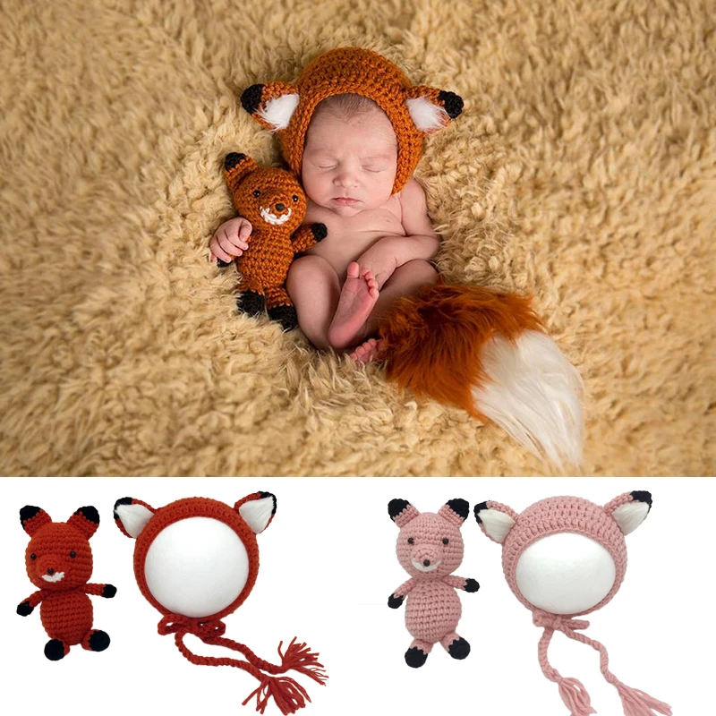 Fox Doll+Hat 2pcs Sets Baby Infant Photography Clothing Props Handmade Knitted Fox Cap Toy Newborn Pictures Accessories Bonnet