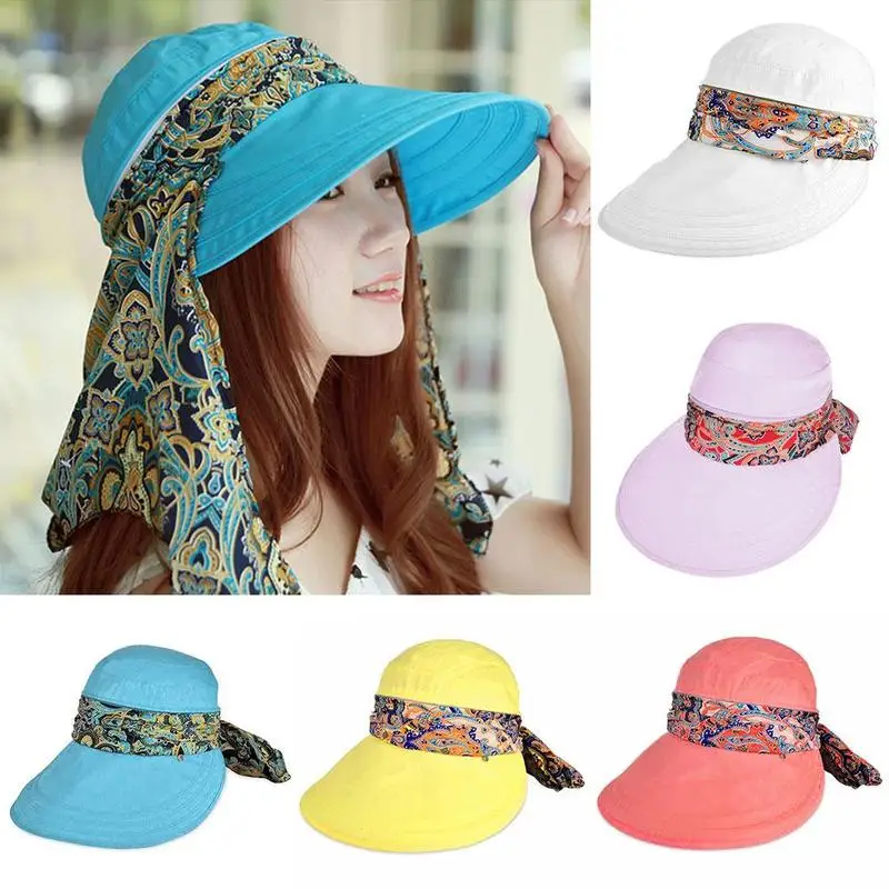 Lady Women Summer Outdoor Hat Cap Riding Anti-UV Sun Hat Beach Foldable Sunscreen Floral Print Caps Neck Face Wide Brim Hat