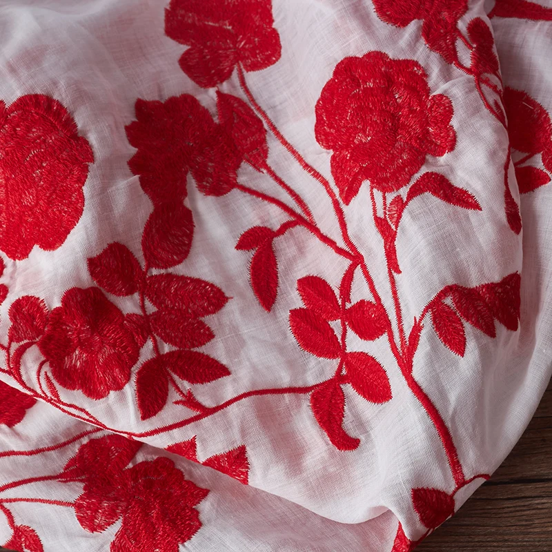 Ramie embroidery red flowers fabric spring summer skirt dress tissu doux tela suave 0.5meter | Дом и сад