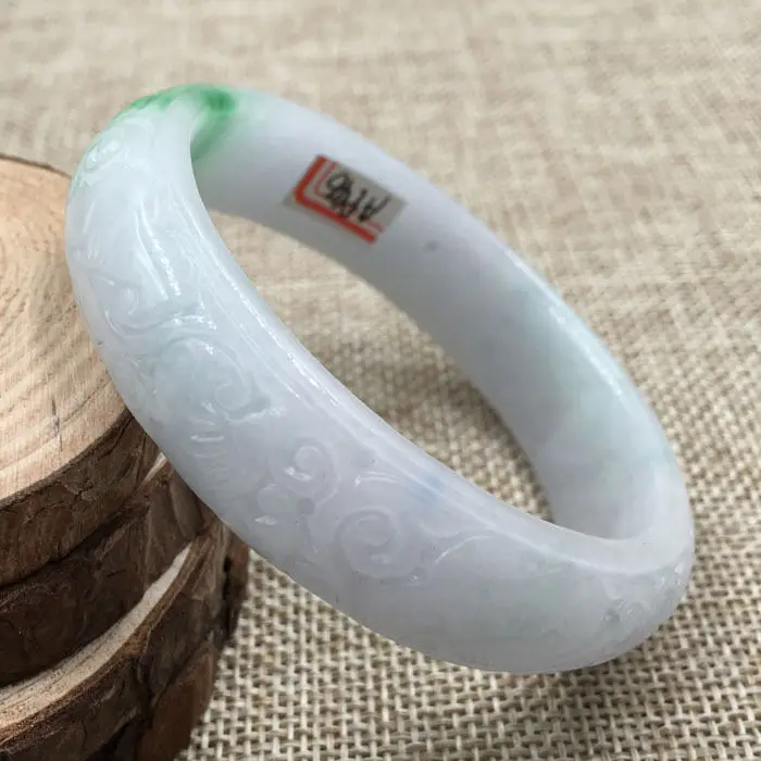 A-946 Старинные Китайский Ручной резьбой Белый Зеленый Жадеит Джейд Браслет 58 мм |