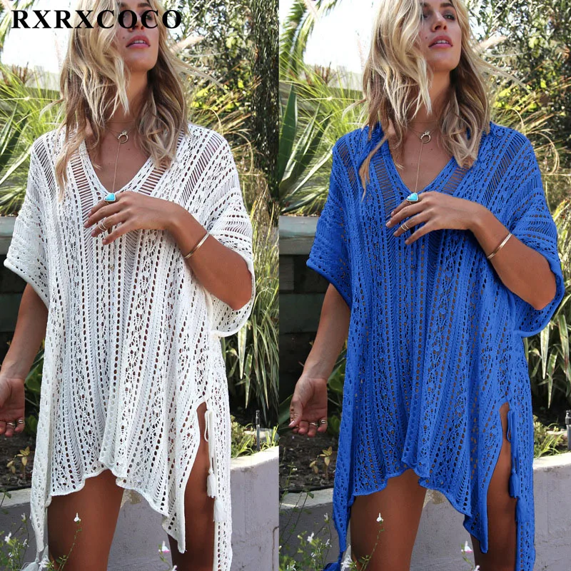 RXRXCOCO пляж прикрыть бикини Крючком Knitt одноцветное пляжная одежда купальник Cover Up Для женщин сексуальная прозрачная пляжное платье парео
