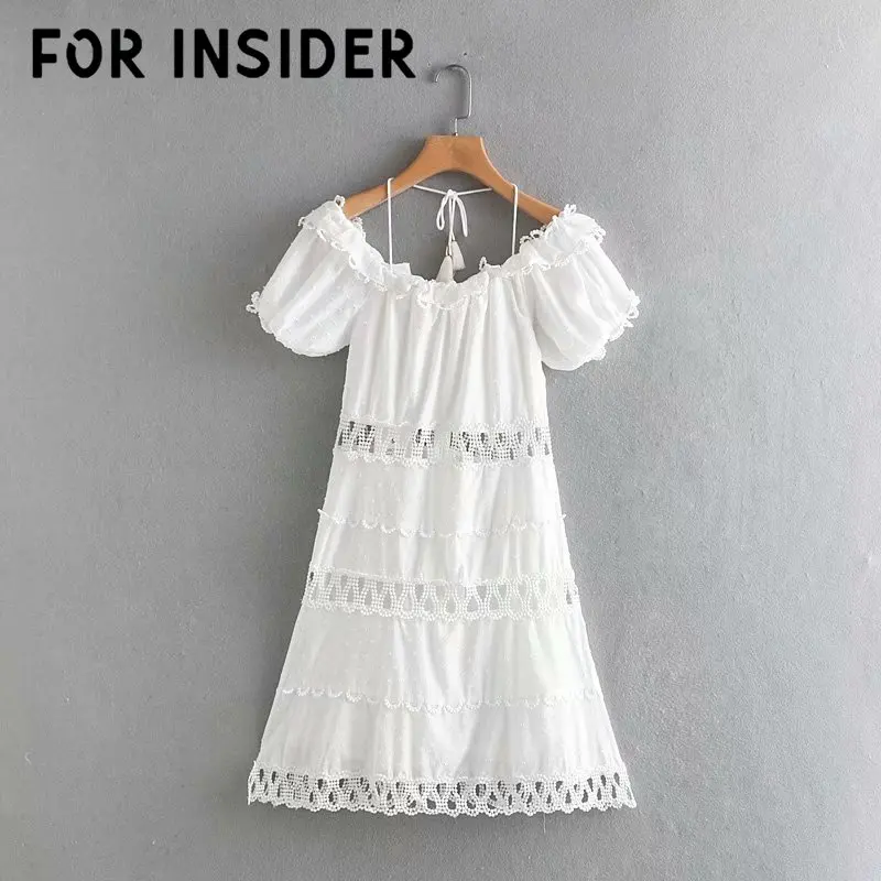 Белое Кружевное ТРАПЕЦИЕВИДНОЕ хлопковое платье в горошек с коротким рукавом