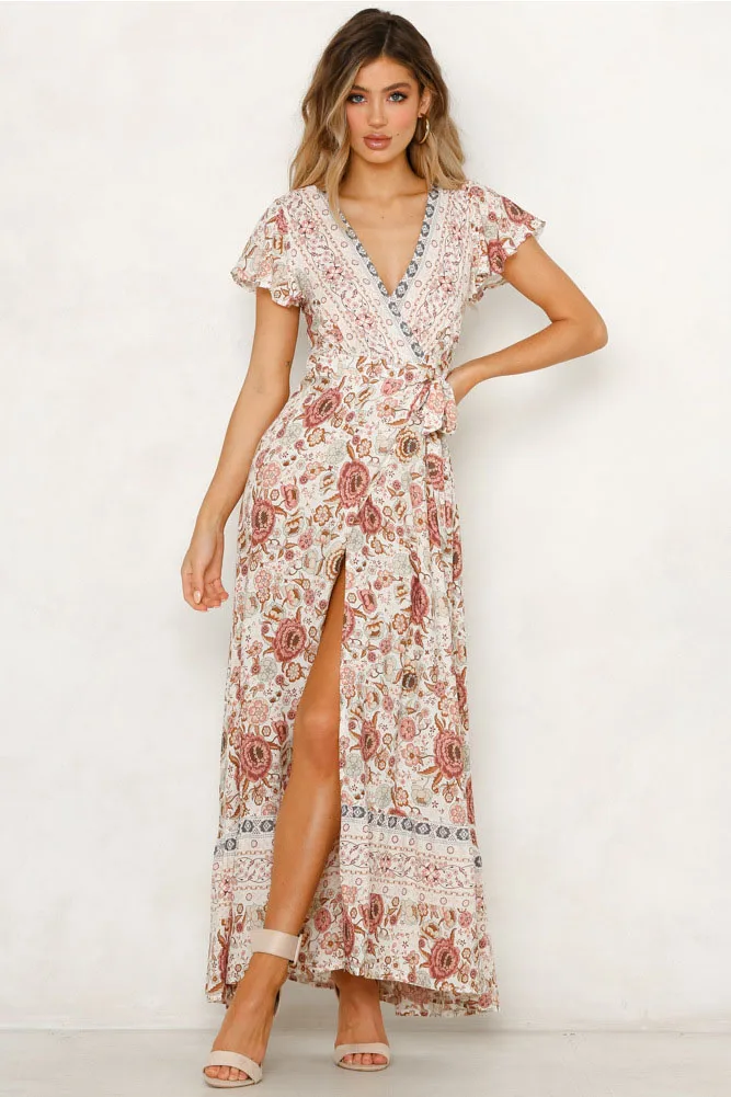 Nadafair Boho цветочное Макси Платье женское с v-образным вырезом сплит сексуальное летнее пляжное платье с коротким рукавом повседневное винтажное длинное платье с цветочным принтом - Цвет: Бежевый