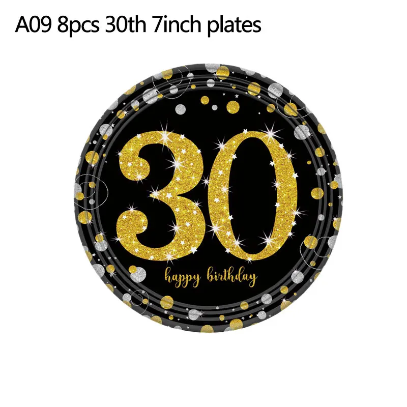 A09 7inch plates 18/21/31/40/50th черный золотой счастливый посуда для вечеринки в честь Дня Рождения наборы скатерть чашки тарелки салфетки Свадебные принадлежности для юбилейной вечеринки - Цвет: A09 7inch plates