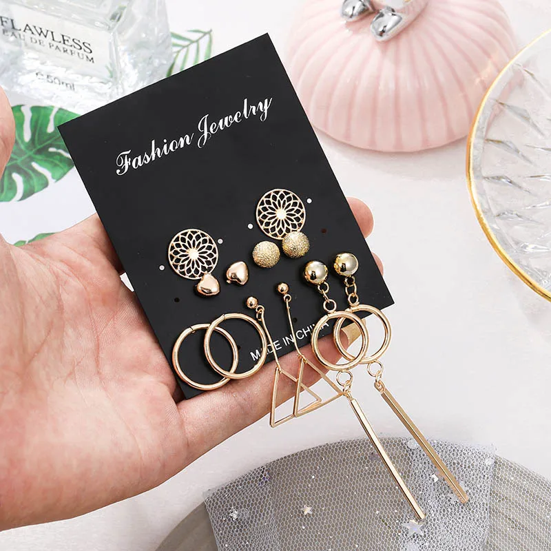 punk golden metal geometric round triangle hanging dangle earrings fashion hollow carved flower heart set for women | Украшения и