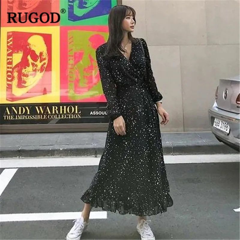 Шикарное длинное платье RUGOD с принтом звезд женское модное черное шифоновое