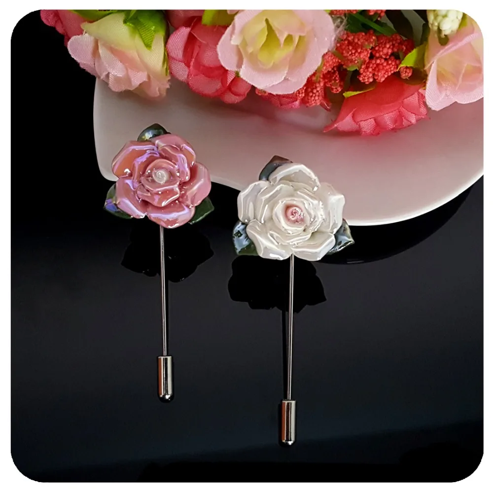 Нежный ручной Сияющий керамика Броши с розами ювелирные изделия розовый и белый