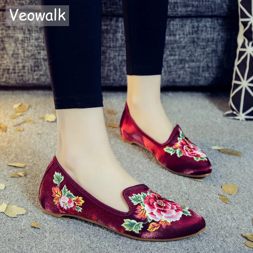 Женские бархатные балетки Veowalk из хлопчатобумажной ткани с вышивкой на плоской